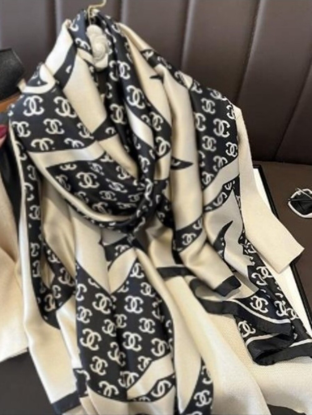 Luxury Black & Cream Logo-Print Women's Scarf